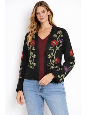 Carson Vintage Wool Floral Ribbon Open Cardigan Sweater Womens Medium Black Red